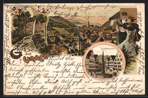 Lithographie Urach / Württbg., Teilansicht, Marktbrunnen, Quelle