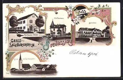 Lithographie Freilassing-Salzburghofen, Kaufmann Willi, Villa Trautmann, Herrenhaus und Kirche von Salzburghofen