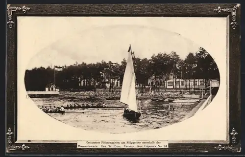 AK Berlin-Köpenick, Restaurant Prinzengarten am Müggelsee unterhalb der Bismarckwarte, mit Holzrahmen