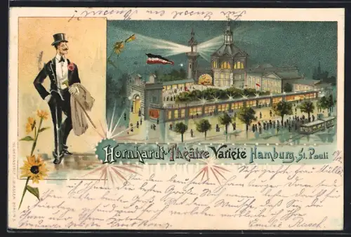 Lithographie Hamburg-St. Pauli, Hornhardt-Thèâtre Varieté bei Nacht, Herr mit Zylinder