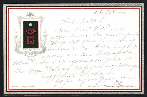 AK Dresden-Neustadt, Wappen des 2. Kgl. Sächs. Jäger-Bataillon Nr. 13, schwarz-weiss-roter Rahmen