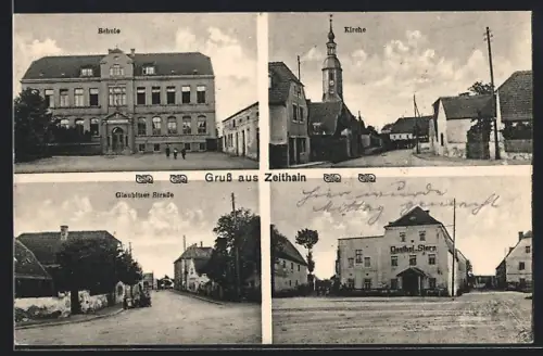 AK Zeithain, Gasthof zum Stern, Schule, Kirche, Glaubitscher Strasse