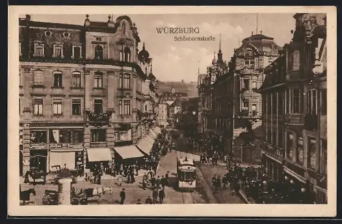 AK Würzburg, Schönbornstrasse mit Geschäften und Strassenbahn