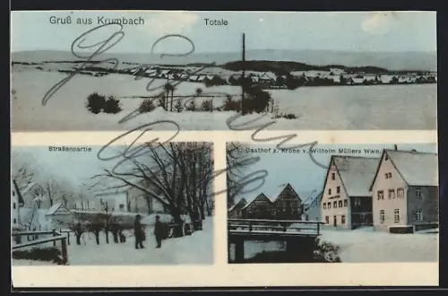 Lithographie Krumbach / Sauldorf, Gasthof zur Krone, Strassenpartie und Totalansicht im Winter