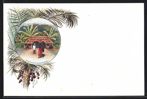 Künstler-AK Berlin, Deutsches Kolonialhaus Bruno Antelmann, Hütte mit Eingeborenen u. Palmen, Palmen-Passepartout