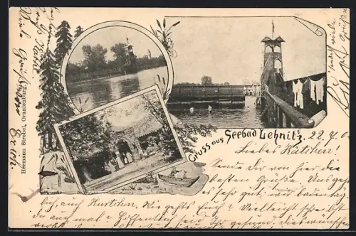 AK Wandlitz, Seebad Lehnitz, Eingang, Turm, Panorama, Bootspartie