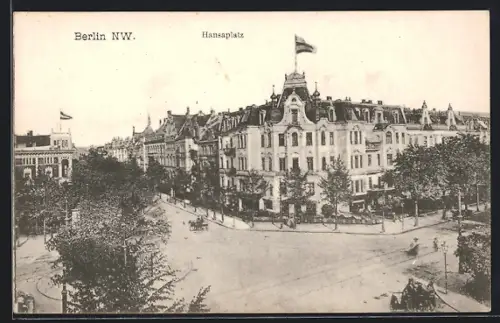 AK Berlin-Tiergarten, Hansaplatz mit beflaggten Eckgebäuden aus der Vogelschau