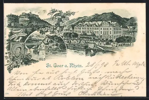 AK St. Goar am Rhein, Hotel Rheinfels mit Burg Rheinfels u. Dampfer, Loreleyfelsen, Weinlaub u. -trauben