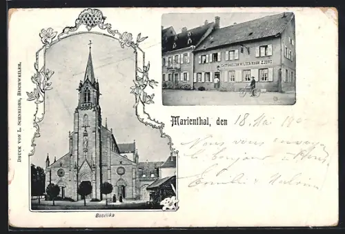 AK Marienthal, Gasthaus zum Wilden Mann E. Lund, Basilika, Ornament-Rahmen