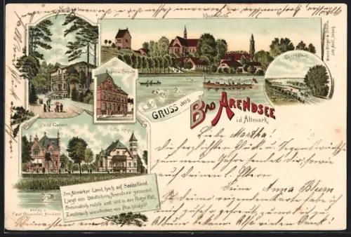 Lithographie Bad Arendsee /Altmark, Kurhaus, Deepe Deel, Ortspanorama mit Klosterkirche, Villen Gensen u. Reip