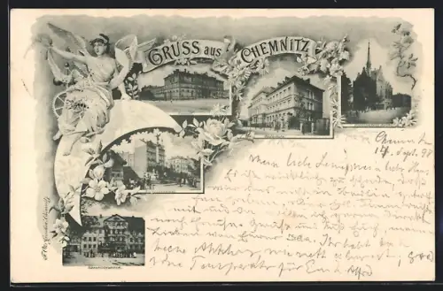 AK Chemnitz, Bahnhof, Realschule, Engel auf Mondsichel, Saxoniabrunnen, Siegesdenkmal