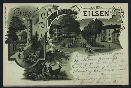 Mondschein-Lithographie Eilsen, Parkpartie mit Aussichstturm, Strassenpartie mit Alleebäumen, Hirsche