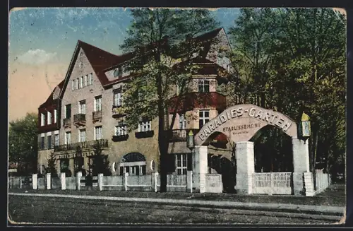 AK Berlin-Treptow, Gaststätte Paradies-Garten R. Hiller, Ansicht von der Strasse