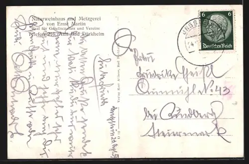 AK Ungstein /Bad Dürkheim, Gaststätte Naturweinhaus-Metzgerei E. Martin, Gesamtansicht aus der Vogelschau
