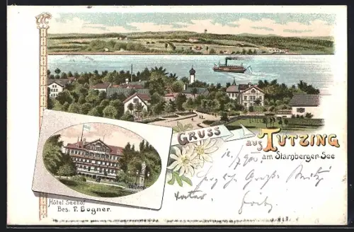 Lithographie Tutzing / Starnberger See, Hotel Seehof, Teilansicht mit Blick über den See