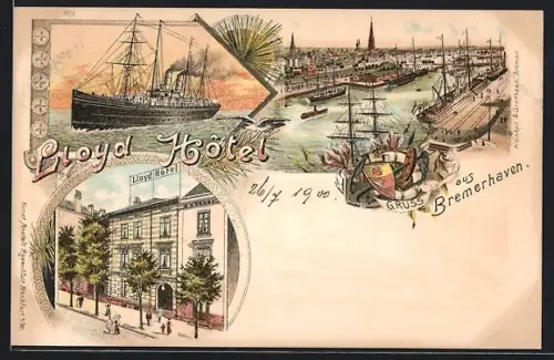 Lithographie Bremerhaven, Lloyd Hotel, Ozeandampfer, Hafen