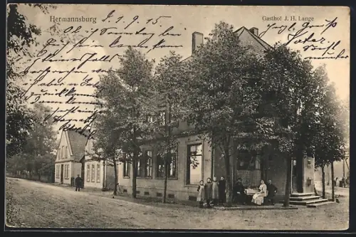 AK Hermannsburg, Gasthof J. H. Lange mit kleiner Versammlung u. Strasse