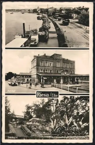 AK Riesa, Landungsplatz am Hafen, Bahnhof, Partie im Stadtpark
