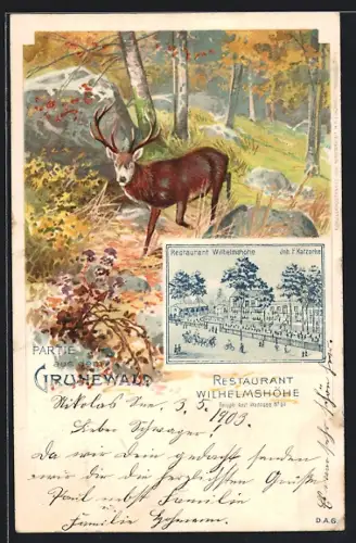 Künstler-AK Berlin, Restaurant Wilhelmshöhe, Inh. F. Katzorke, Partie aus dem Grunewald