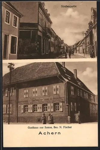 AK Achern, Gasthaus zur Sonne, Bes. N. Fischer, Strassenpartie