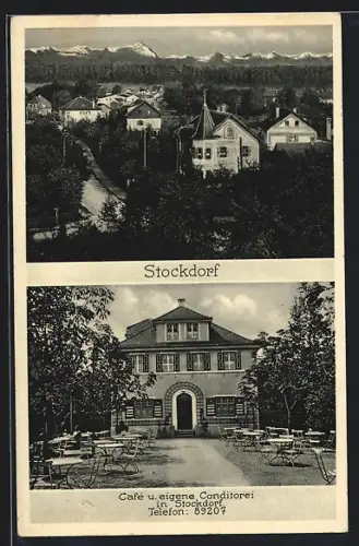 AK Stockdorf, Cafe und eigene Konditorei m. Gartenwirtschaft, Teilansicht von oben