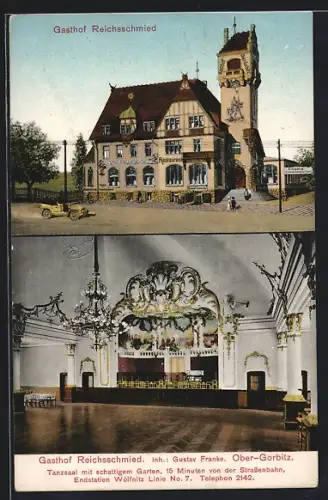 AK Dresden-Wölfnitz, Gasthof Reichsschmied, Inh. Gustav Franke, Endstation Wölfnitz Linie Nr. 7