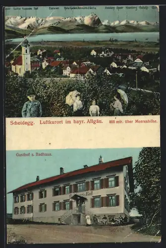 AK Scheidegg /Bayr. Allgäu, Gasthof zum Badhaus, Ortsansicht mit Gebirgspanorama