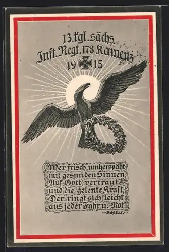 AK 13. tgl. sächs. Infanterie-Regiment 178 Kamenz, 1915, Adler mit Lorbeerkranz
