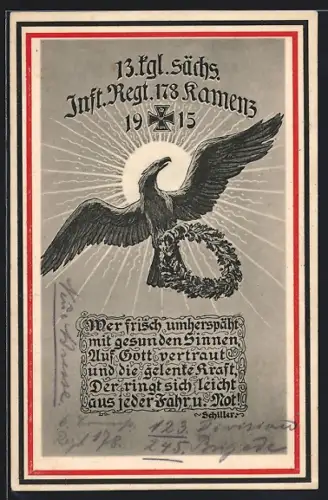 AK 13. tgl. sächs. Infanterie-Regiment 178 Kamenz, 1915, Adler mit Lorbeerkranz
