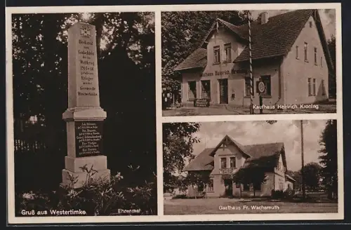 AK Westertimke, Kaufhaus Heinrich Kroning, Gasthaus Fr. Wachsmuth, Ehrenmal