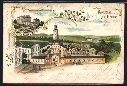 Lithographie Essen /Ruhr, Gasthof Bredeneyer Krone, Restaurant A. Ostermann, Villa Hügel, Blick ins Ruhrthal
