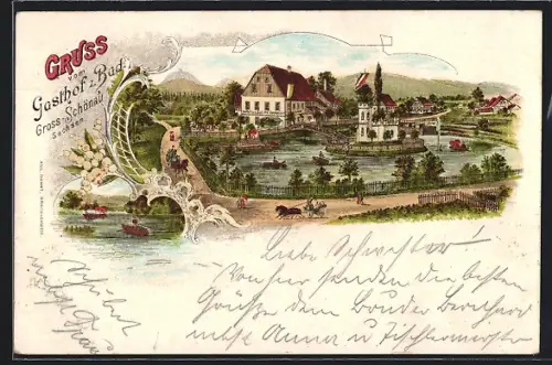 Lithographie Gross-Schönau /Sachsen, Gasthof z. Bad, Gondelfahrt