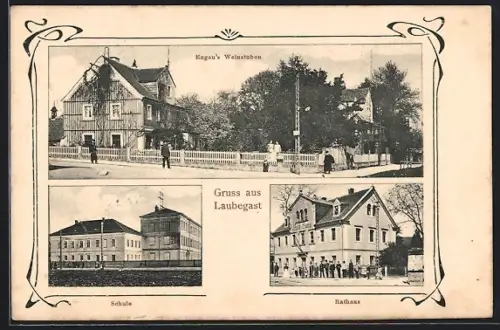 AK Dresden-Laubegast, Engau`s Weinstuben, Rathaus, Schule