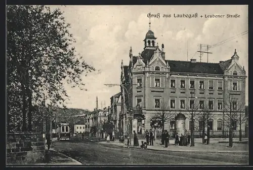 AK Dresden-Laubegast, Strassenbahn in der Leubener Strasse