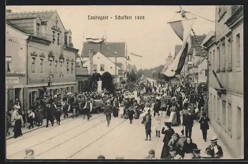 AK Dresden-Laubegast, Schulfest 1908, Restaurant zum Ratskeller, Festlicher Umzug