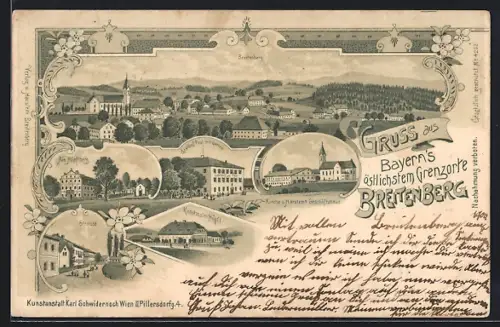 Lithographie Breitenberg / bayr. Wald, Totalansicht, Gasthof Post, Am Höpfberg, Kirche und Harslems Geschäftshaus