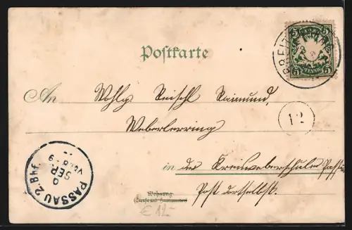 Lithographie Breitenberg / bayr. Wald, Totalansicht, Gasthof Post, Am Höpfberg, Kirche und Harslems Geschäftshaus