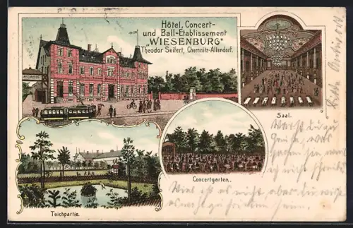 Lithographie Chemnitz-Altendorf, Hotel Wiesenburg, Inh. Theodor Seifert, Saal, Concert-Garten, Teichpartie