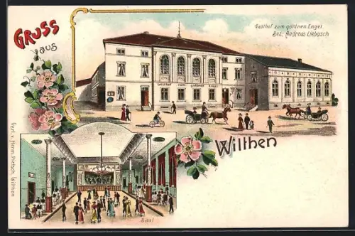 Lithographie Wilthen, Gasthof zum goldnen Engel, Innenansicht Saal