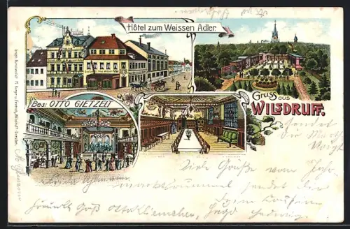 Lithographie Wilsdruff, Hotel zum Weissen Adler, Bes. Otto Gietzelt, Innen- und Aussenansicht