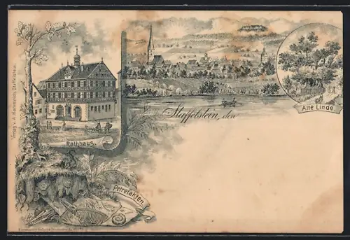 Lithographie Staffelstein / Mainthal, Rathaus, Alte Linde, Ortspanorama, Petrefakten