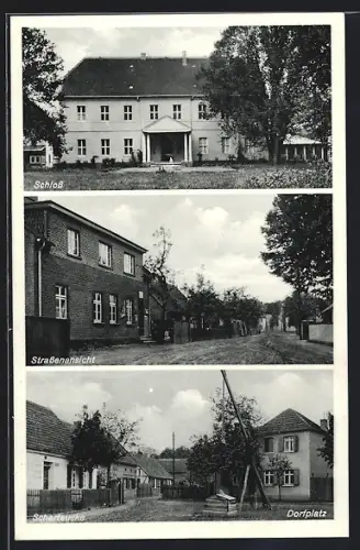 AK Scharteucke, Dorfplatz, Schloss, Strassenansicht