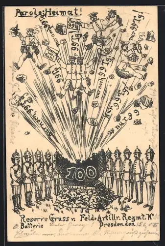 Künstler-AK Dresden-Neustadt, 100jähriges Jubiläum des Reserve des Feld-Artillerie-Regiments