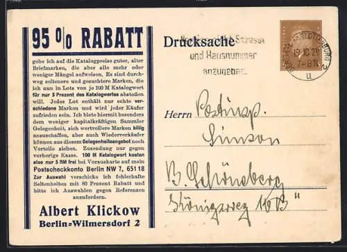 AK Berlin-Wilmersdorf, Ansichtskartenverlag Albert Klickow, Kaiserallee 157, Angebot Marken und Ganzsachen mit Rabatt