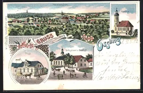 Lithographie Ossling, Schulzen`s Gasthof, Post, Kirche und Totalansicht