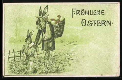 Künstler-AK Ostergrüsse, Häschen begleitet verwundeten Osterhasen