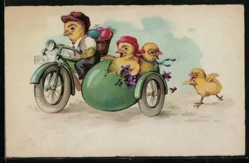 Künstler-AK Osterküken fahren mit dem Motorrad mit Beiwagen