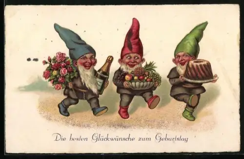 Künstler-AK Drei Zwerge bringen Geschenke zum Geburtstag