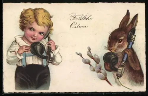 Künstler-AK Frohes Osterfest, Knabe telefoniert mit Osterhase