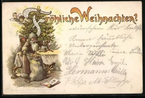 Lithographie Weihnachtsmann bringt Geschenke, Kleine Weihnachtsengel am Weihnachtsbaum
